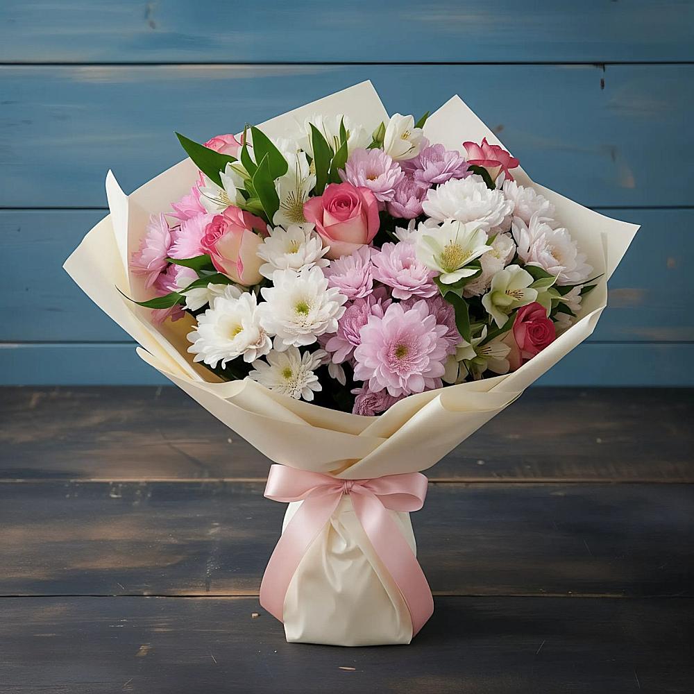 Букет цветов из: Хризантемы, Альстромерии и Розы в Перхушково